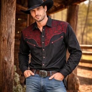 Outlander by Craft Western Mens L Black Red Pearl Snap Velvet Floral Button Up